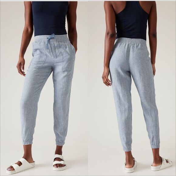 Athleta Retreat Linen Jogger Size 10 Chambray Blue High Rise Coastal Vacation - Picture 1 of 8